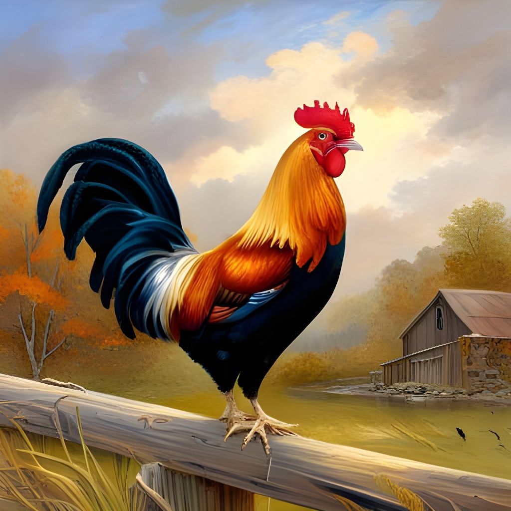 Americana Rooster at Daybreak: Hyperdetailed Landscape