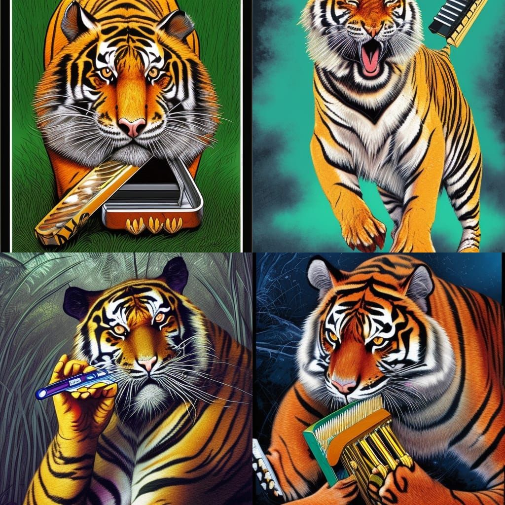 A Bengal Tiger playing the harmonica