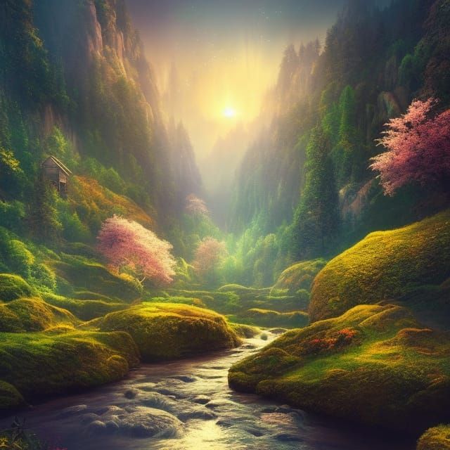 Enchanted Forest with River in Moonlit Night