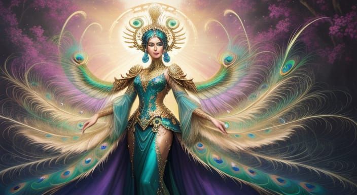 Peacock Woman in Ethereal Paradise: Oil Painting