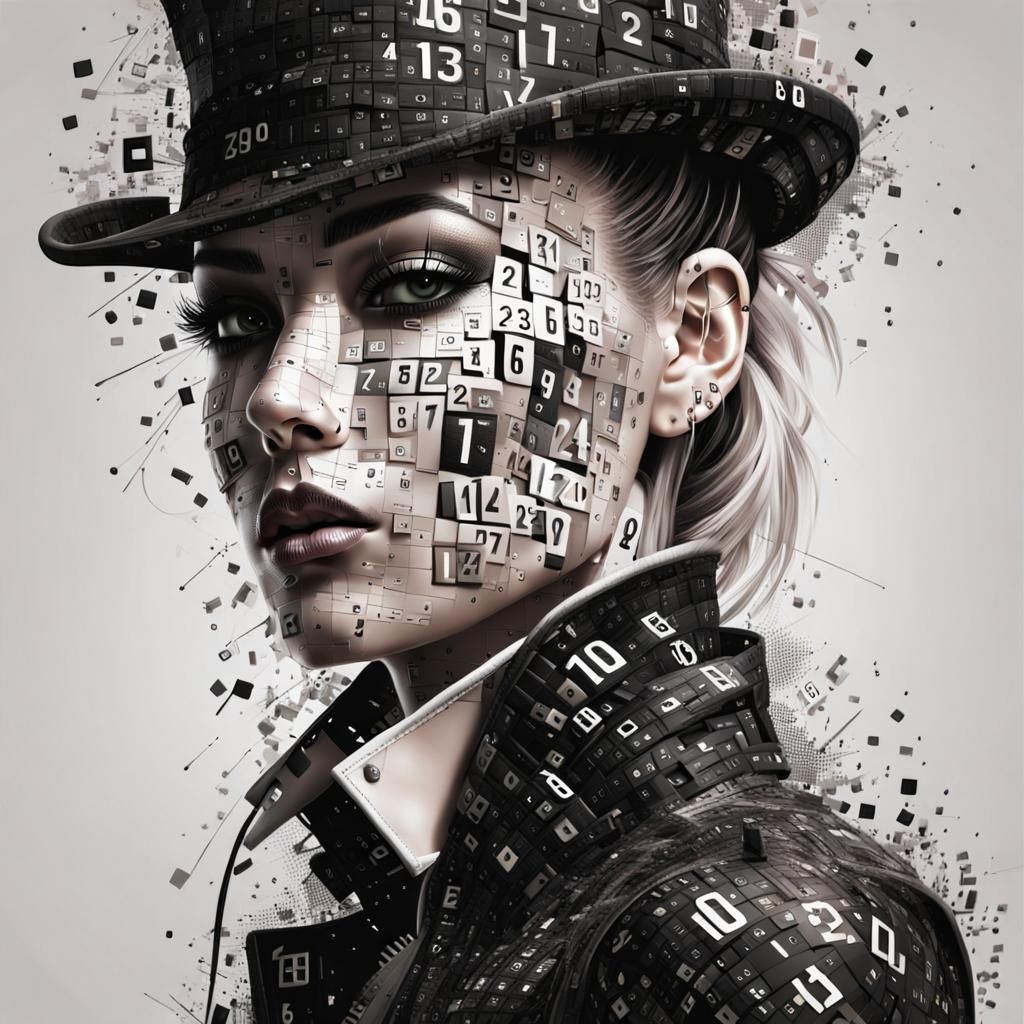 Digital Punk Portrait of Girl Made of Numbers