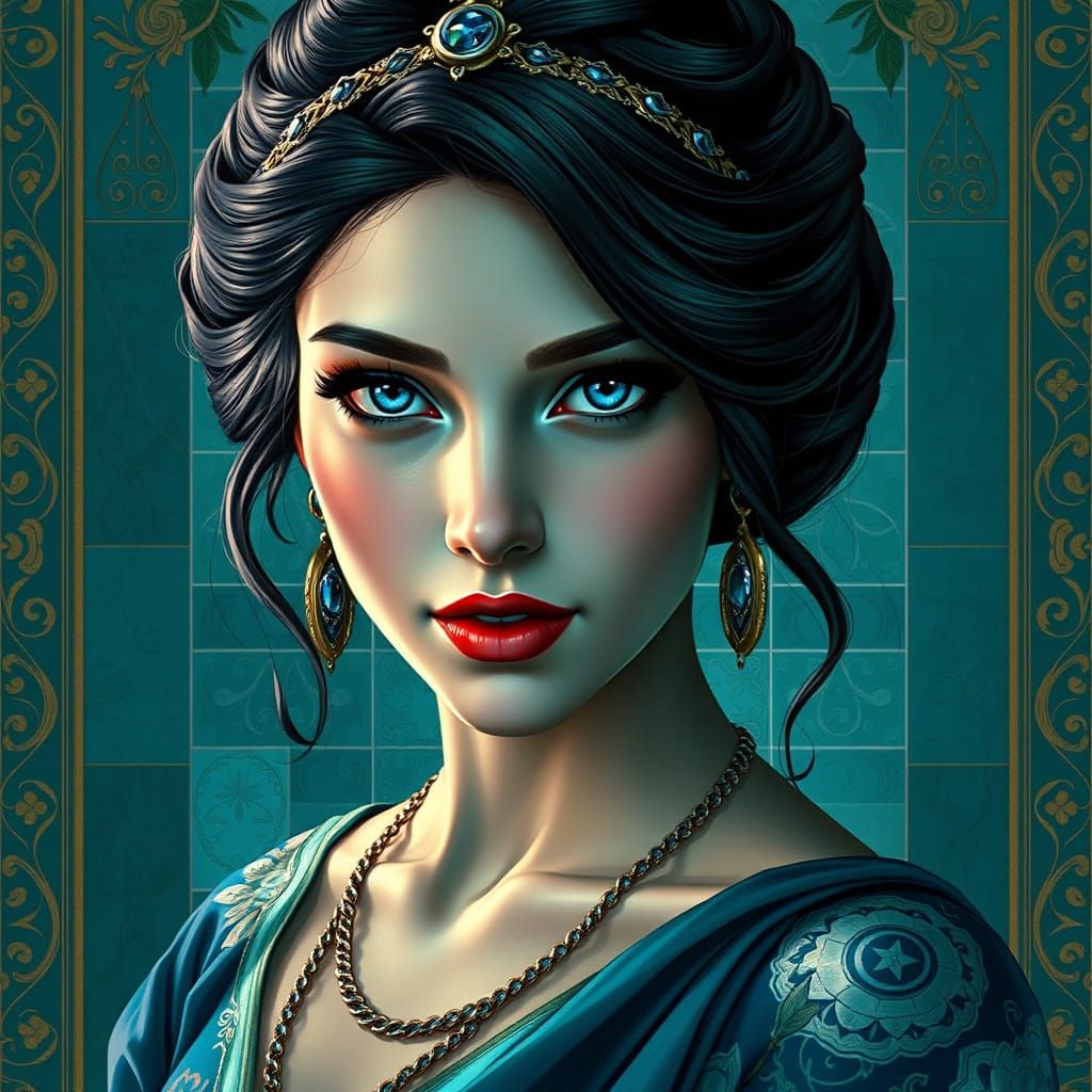 A Dreamlike Art Nouveau Portrait of a Sapphire-Eyed Maven