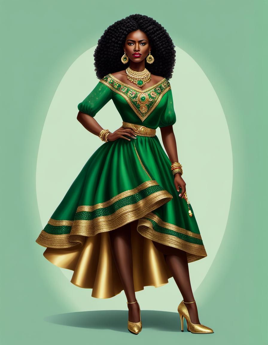 Colombian Indigenous Woman in Emerald and Gold