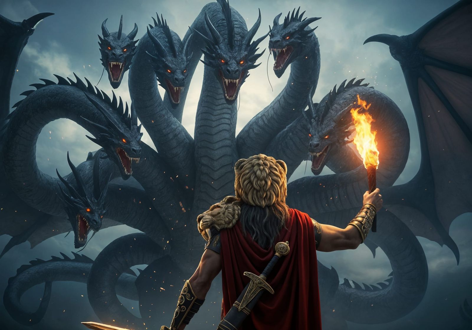 Greek Hero Confronts Nine-Headed Dragon