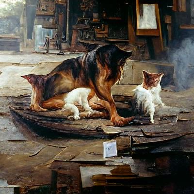 Dog and Cat in Oil Painting Style