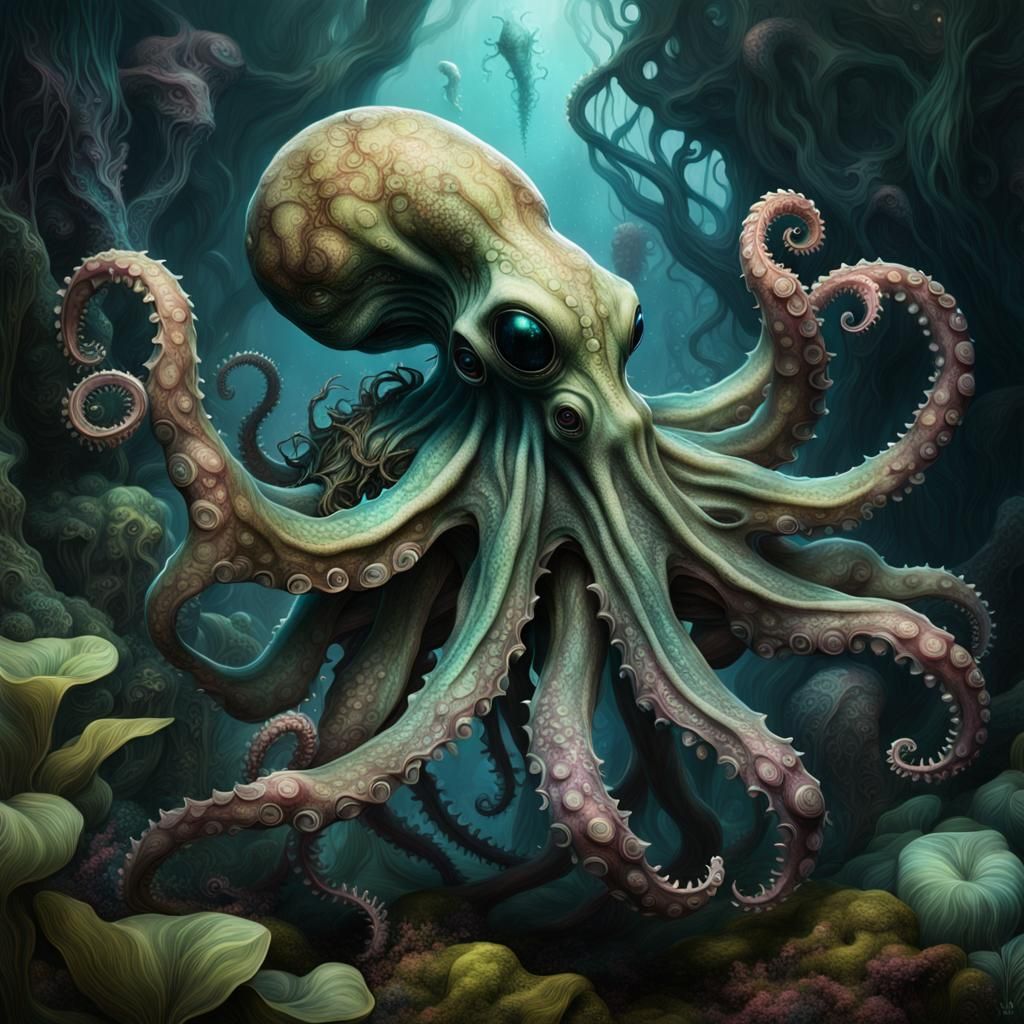 Botanical Alien Octopus in Digital Surrealist Style