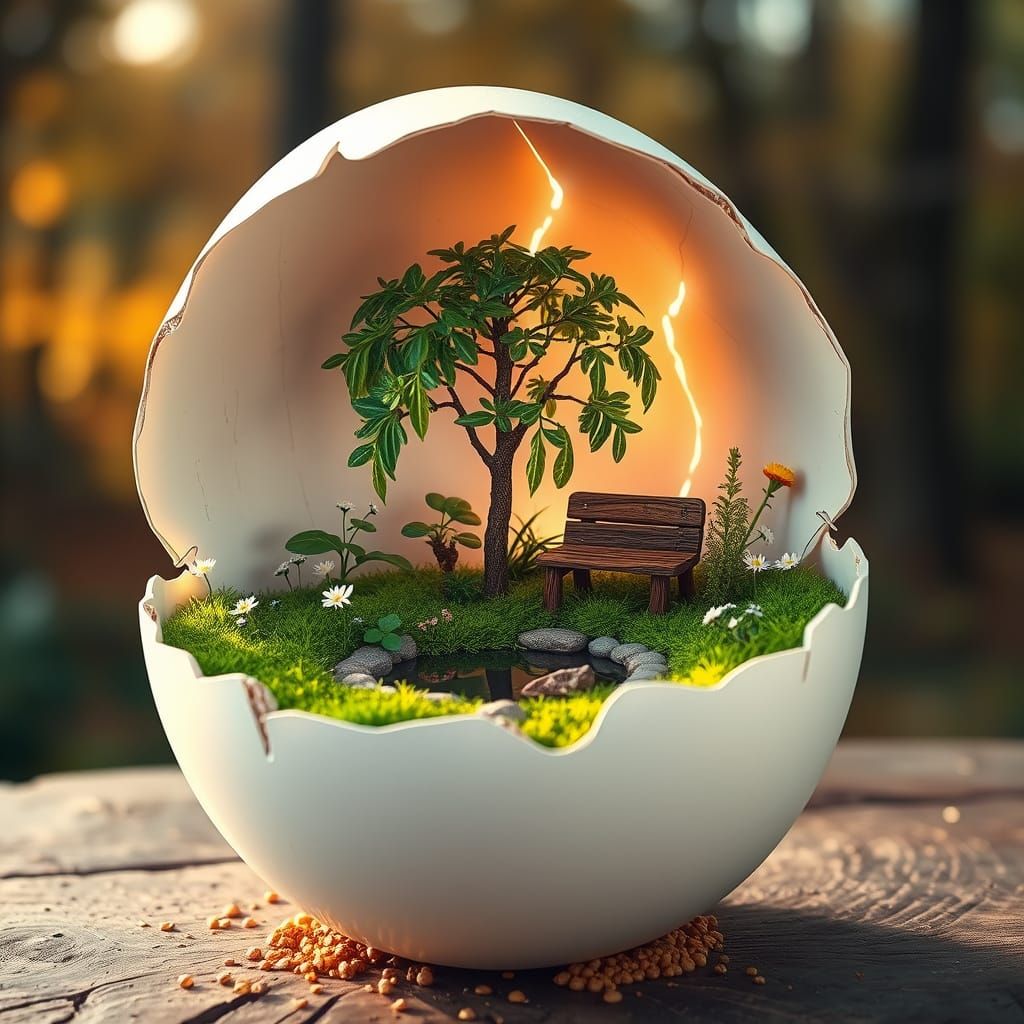 Magical Garden Inside Eggshell with Golden Sunset Glow
