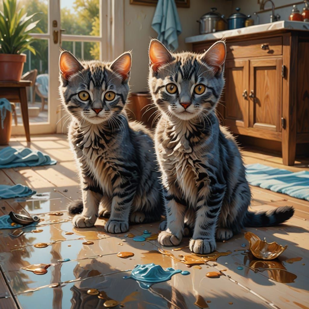 Hyperrealistic Kittens Clean Luxury Beachhouse in Surrealist...