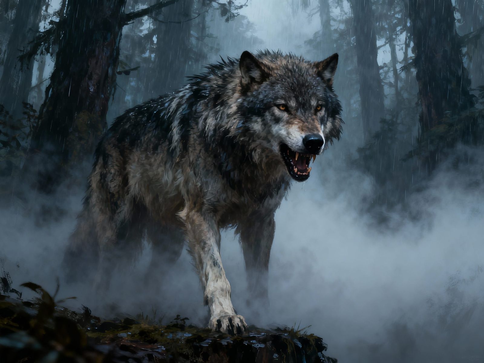 Fierce Wolf Emerging From Foggy Rainforest