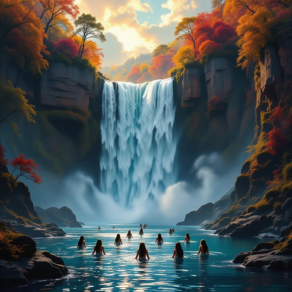 Autumn Waterfall With Mermaids In Cinematic Digital Art