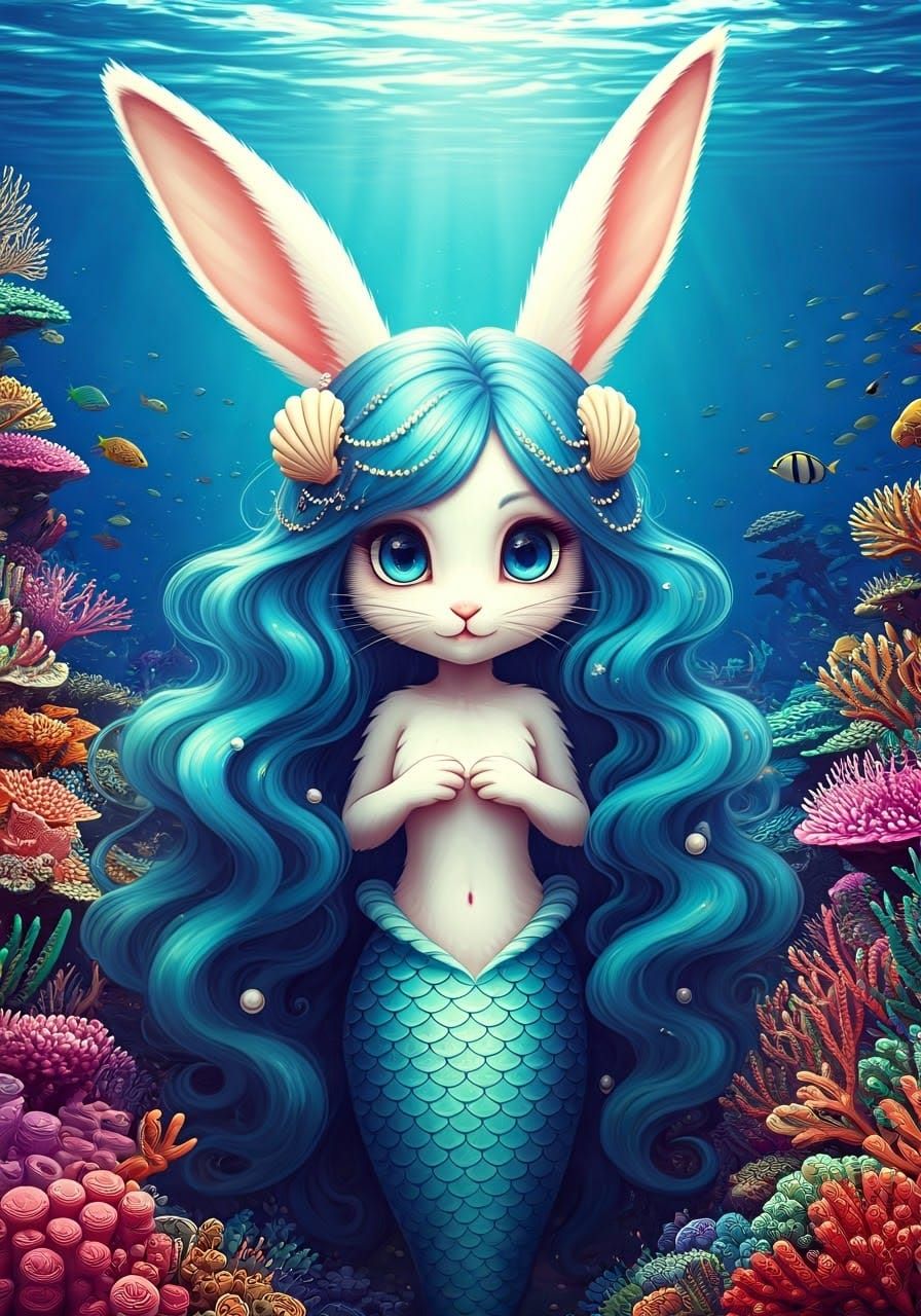 Mer-Rabbit in Anime Style Coral Reef