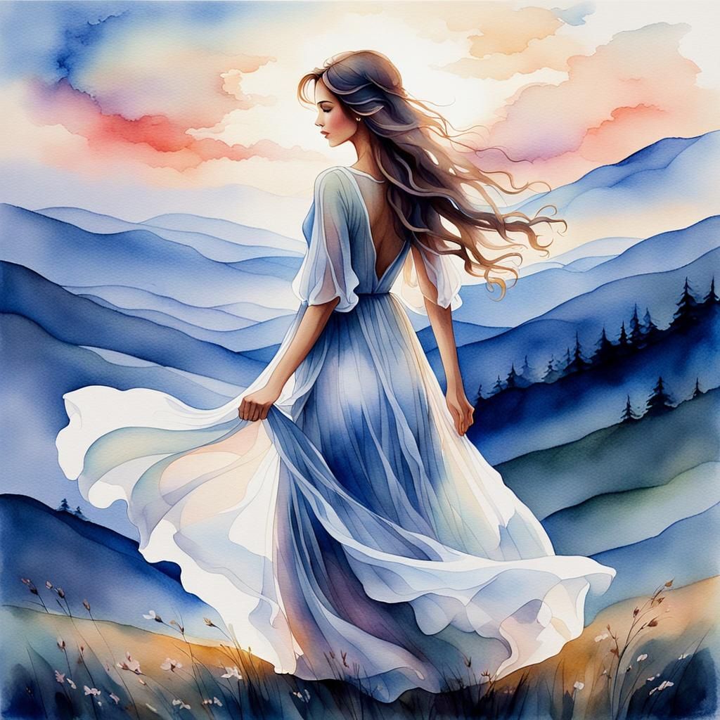 Paint a mesmerizing soft hazy breezy and minimalist watercolour artwork, depicting the attractive view of an ethereal be...