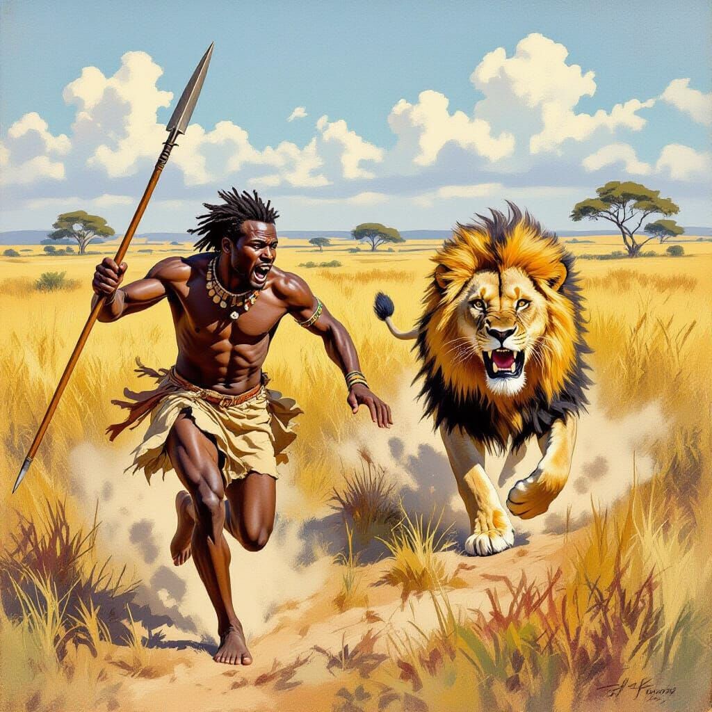 African Hunter's Escape: Lion Chase in the Savannah