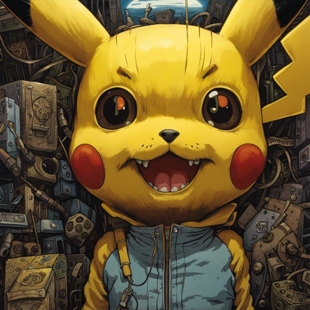 Creepy Pikachu with Demon Eyes in Post-Apocalyptic Style