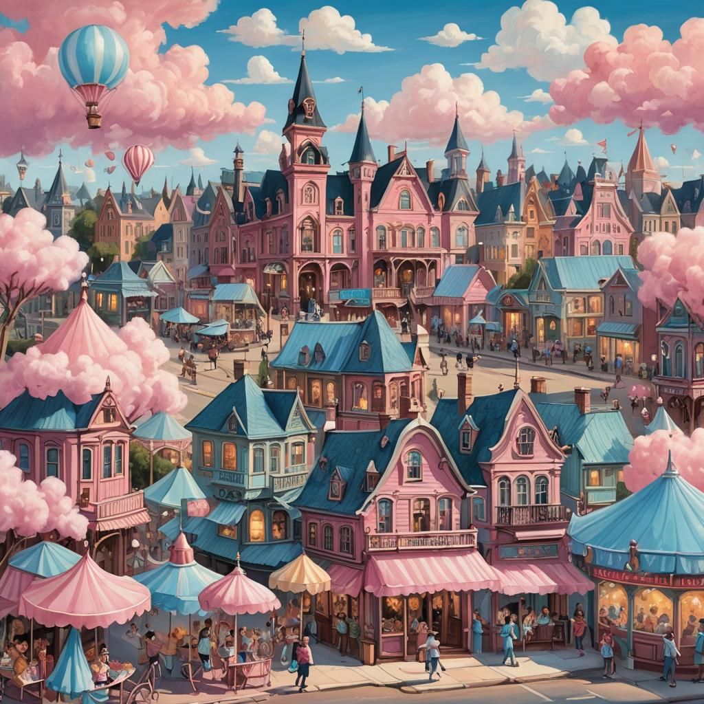 Whimsical Victorian Street Scene in Pastel Colors