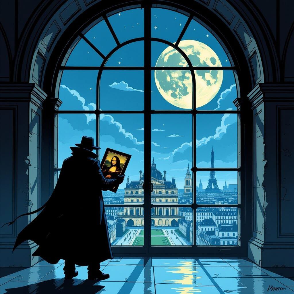 Thief Steals Mona Lisa from Louvre in Comic Style