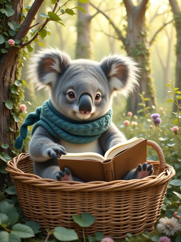Adorable Koala Reads Book in Wicker Basket