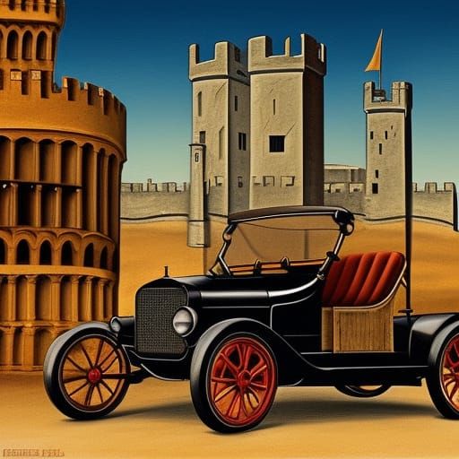Ford Model T and Medieval Castle in De Chirico Style
