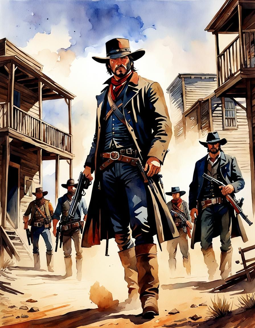 Gunslinger Confronts Outlaws: Watercolor Western Shootout