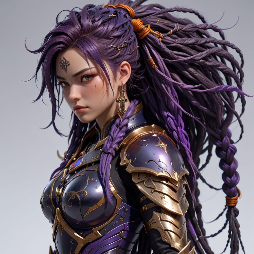 Anime Warrior with Purple Dreadlocks in 3D Art Style