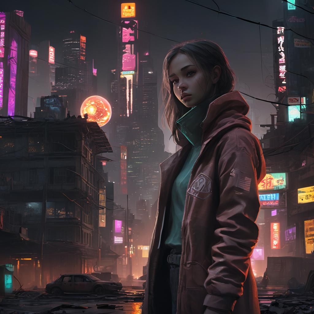 Girl with Orb in Futuristic City Ruins