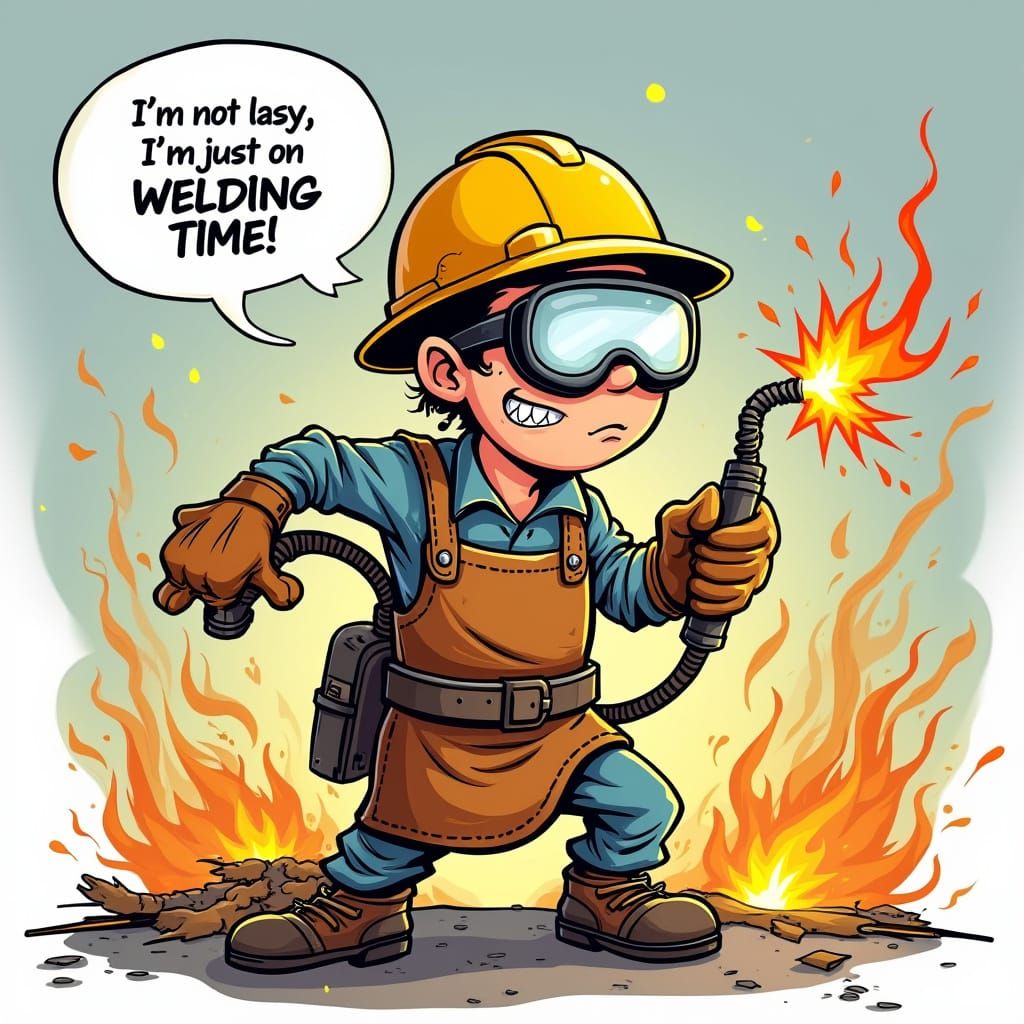 Welder Cartoon with Humorous Quote in Bright Colorful Style