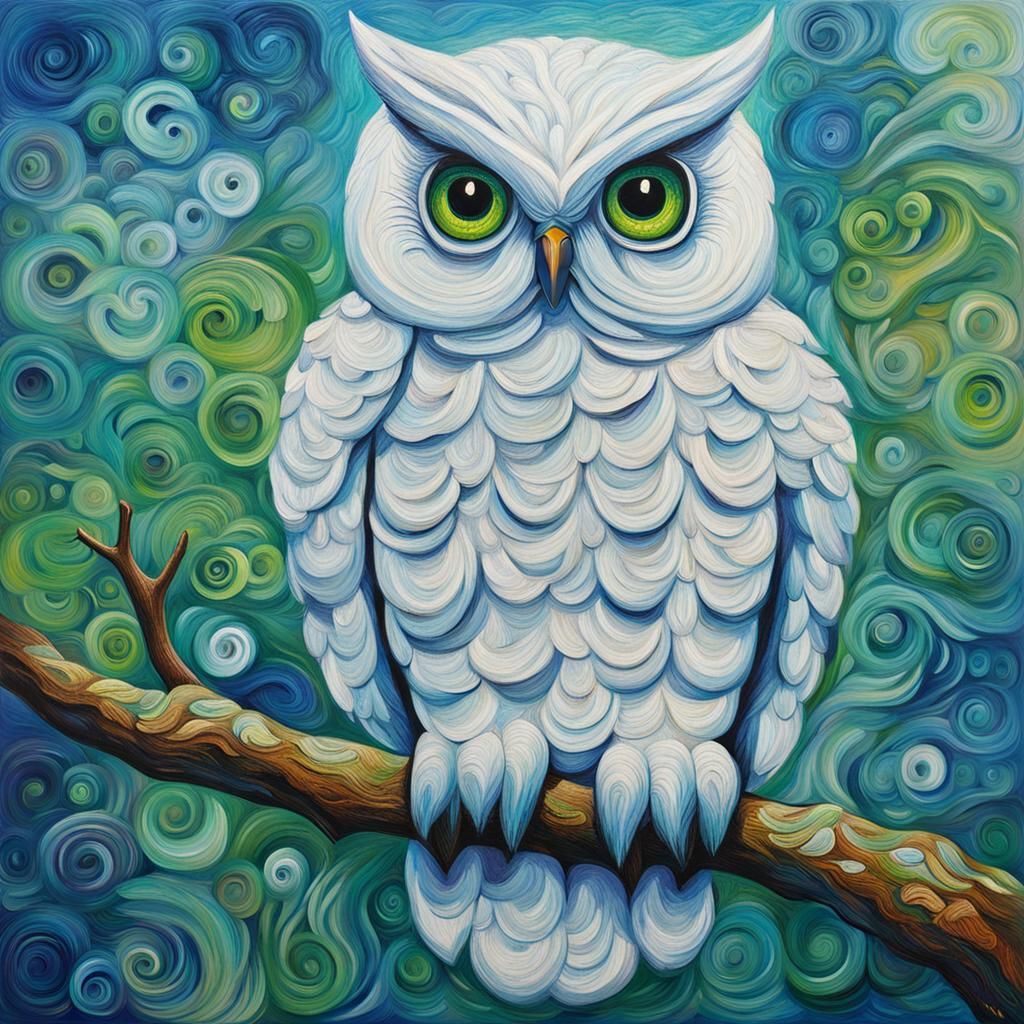Zentangle White Owl in Expressionist Oil Painting