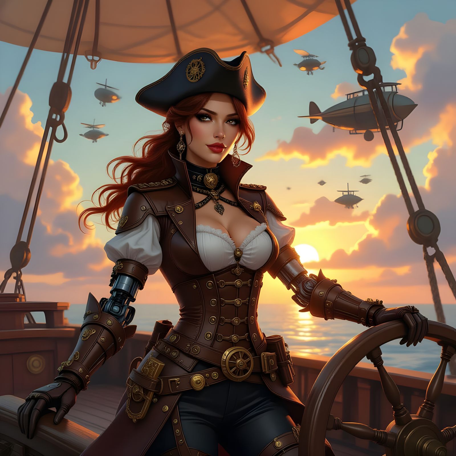 Steampunk Pirate Captain on Clockwork Airship