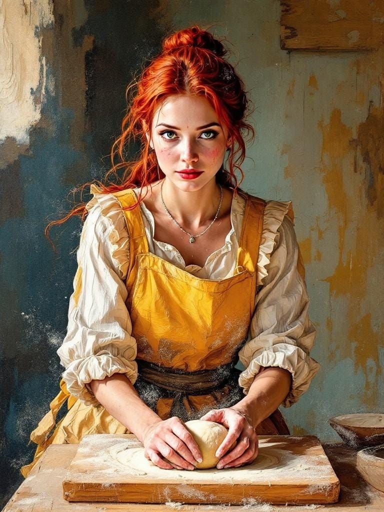 Redhead Baker Kneading Dough as Impasto Painting