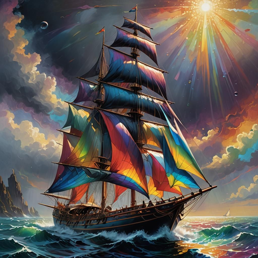 Rainbow Sailboat in Dark Fantasy Oil Painting