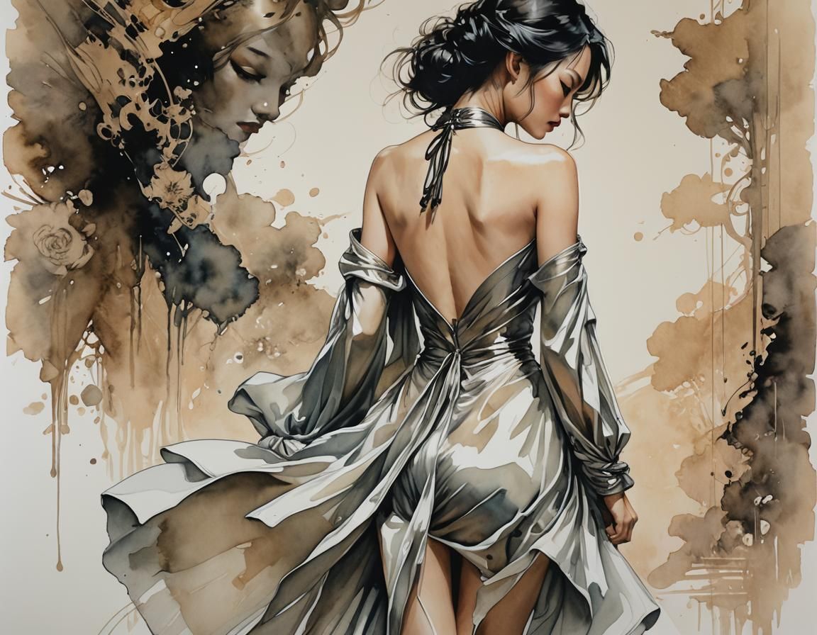 Watercolor Sketch of Woman in Satin Dress