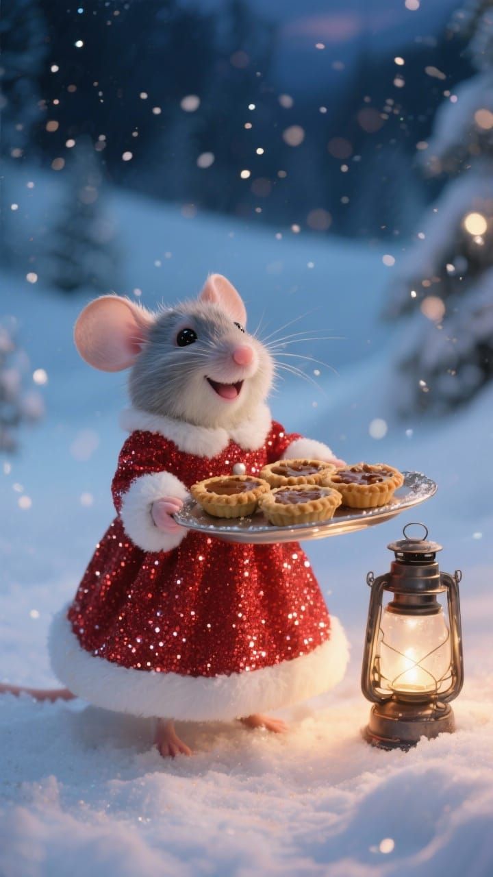 Adorable Mouse in Christmas Dress with Mince Pies in Snowy T...