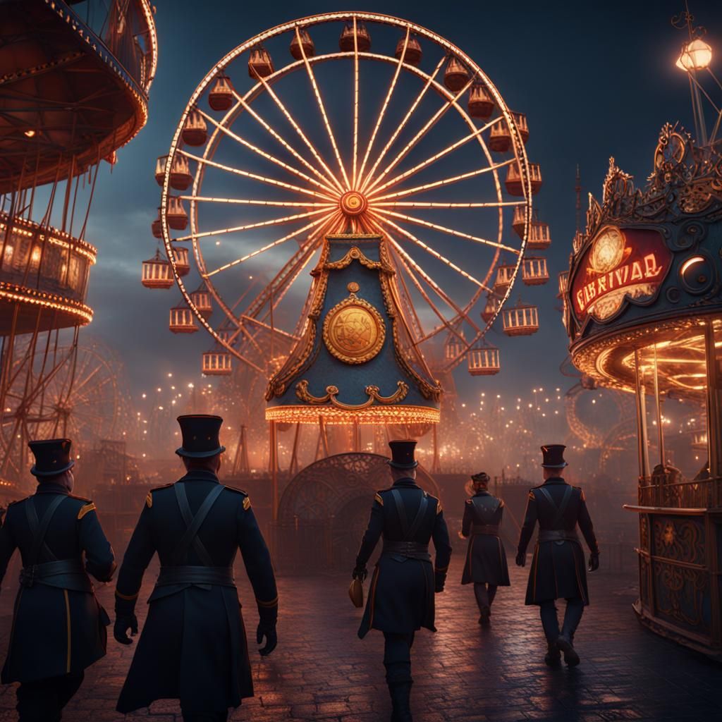 Dark Carnival: Guards Chase People Near Ferris Wheel