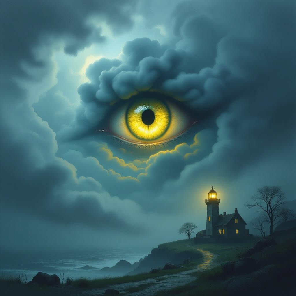 Nightmare Lovecraftian Eye in Dark Cloud, Oil Painted Style