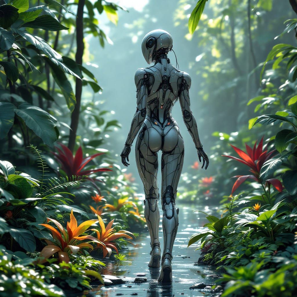 Android Woman in Futuristic Rainforest