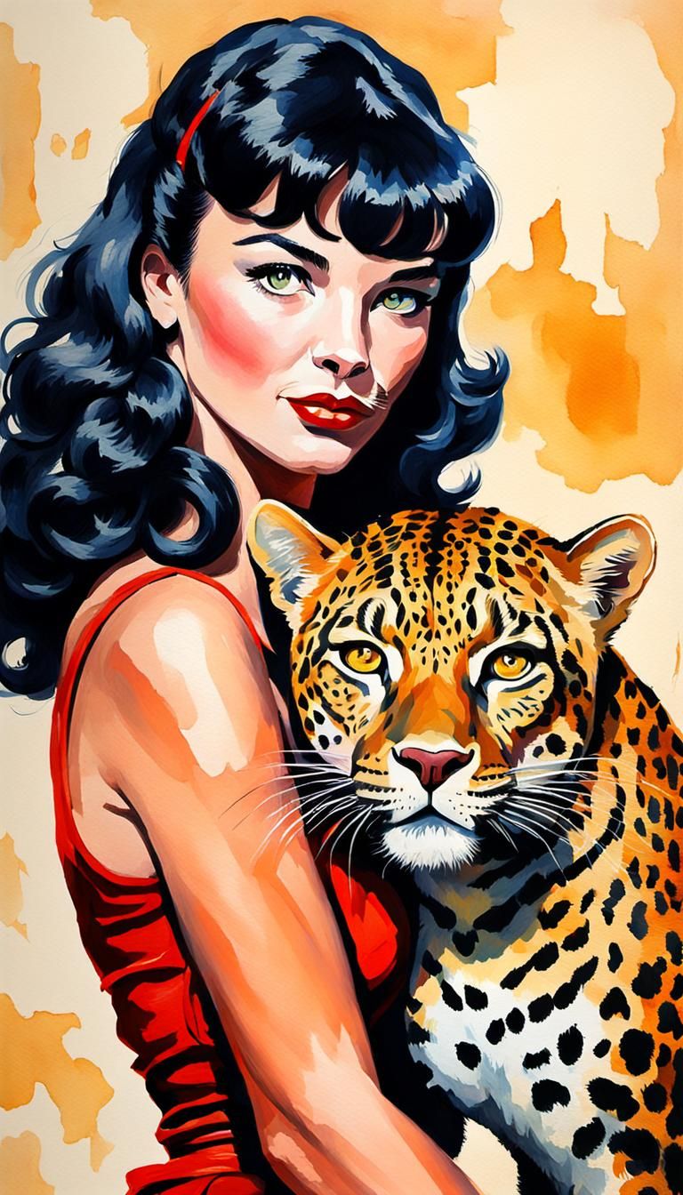 Betty Page as Leopard in Gouache Watercolor Style