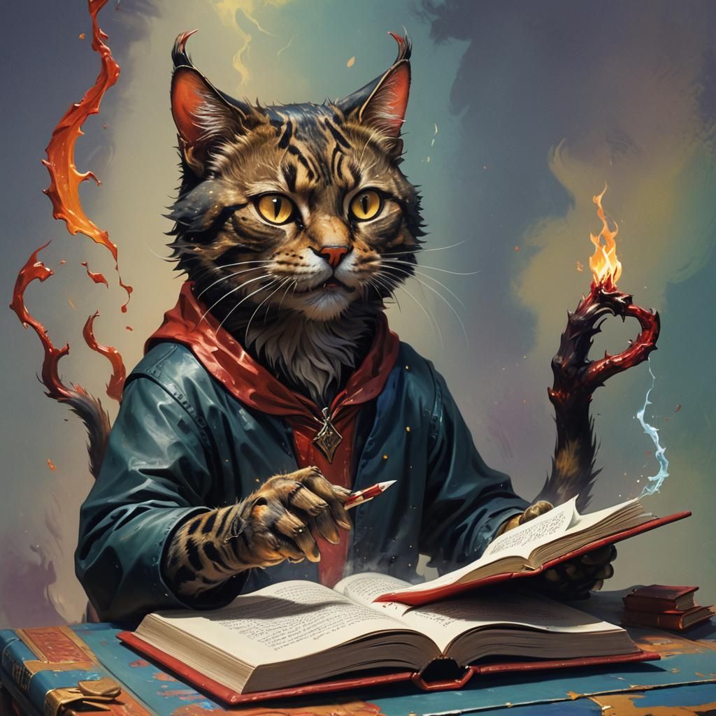 Anthropomorphic Cat Signs Devil's Book: Hyperrealistic Splas...