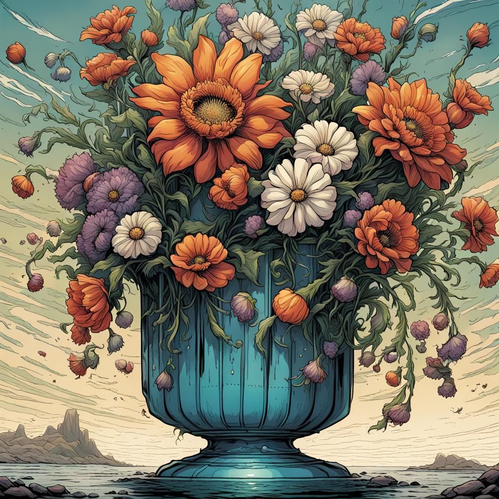 Upside-Down Floral Vase in Comic Book Art