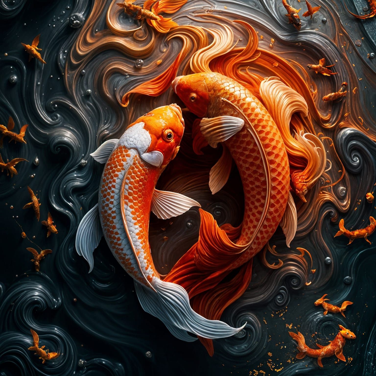 Yin Yang Koi Fish in Art Nouveau Style