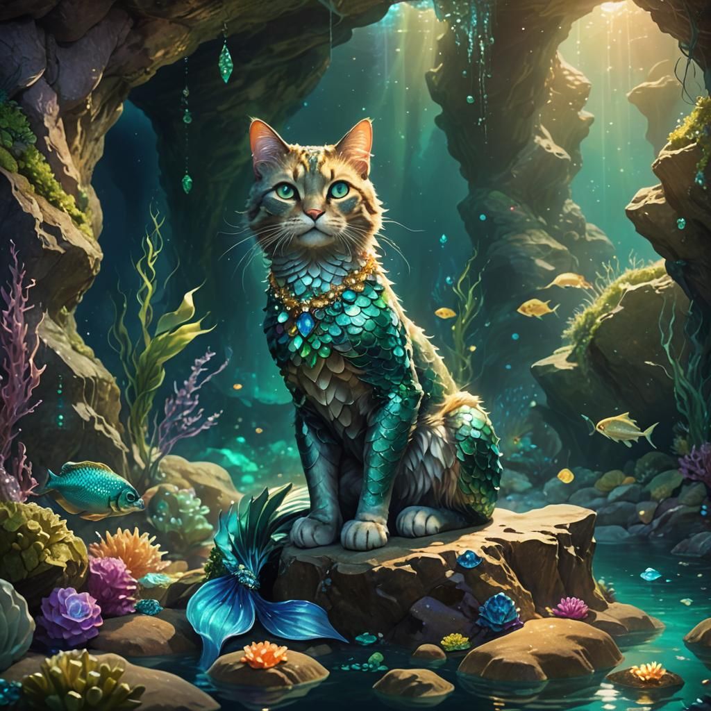 Cat Mermaid in Underwater Cave: Fantasy Concept Art