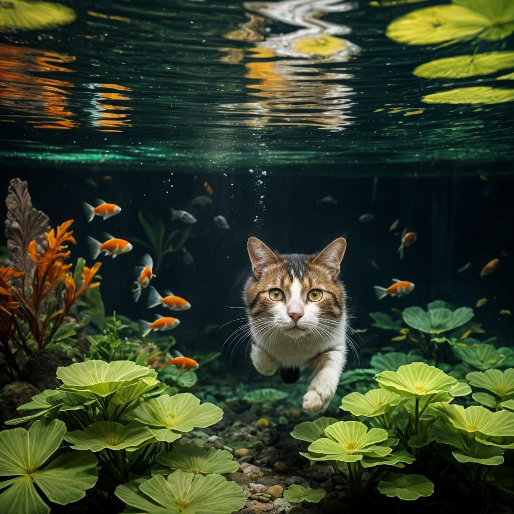 Calico Cat's Underwater Adventure with Koi Fish