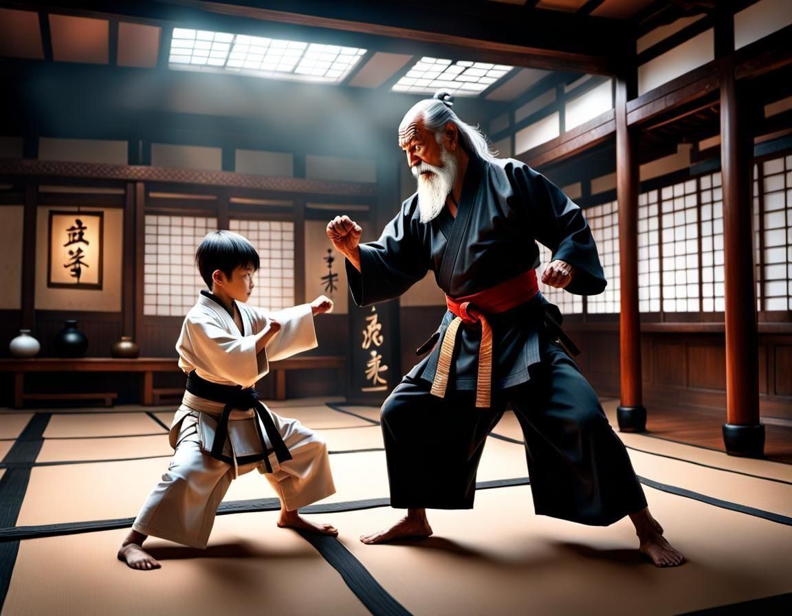 Martial Arts Master Teaches Apprentice in Dojo