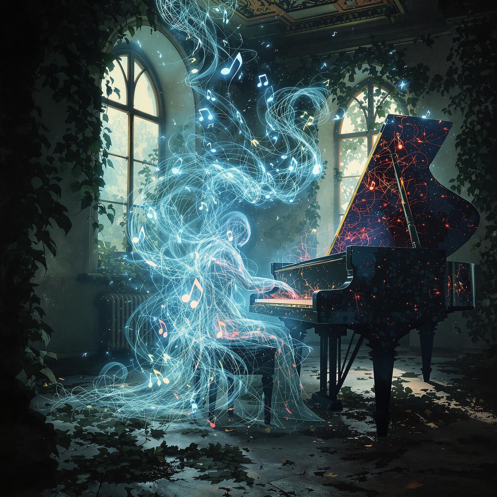 Spectral Pianist in Decaying Ballroom, Digital Double Exposu...