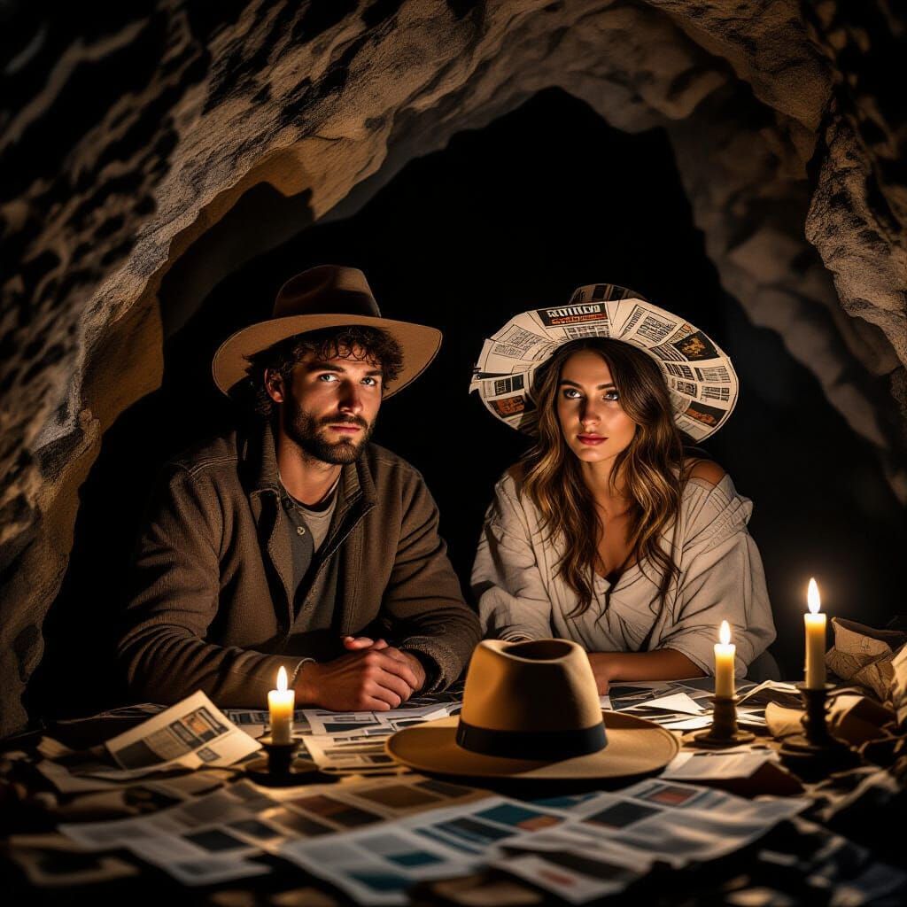 Couple in Rags in Candlelit Cave with Newspaper Hat