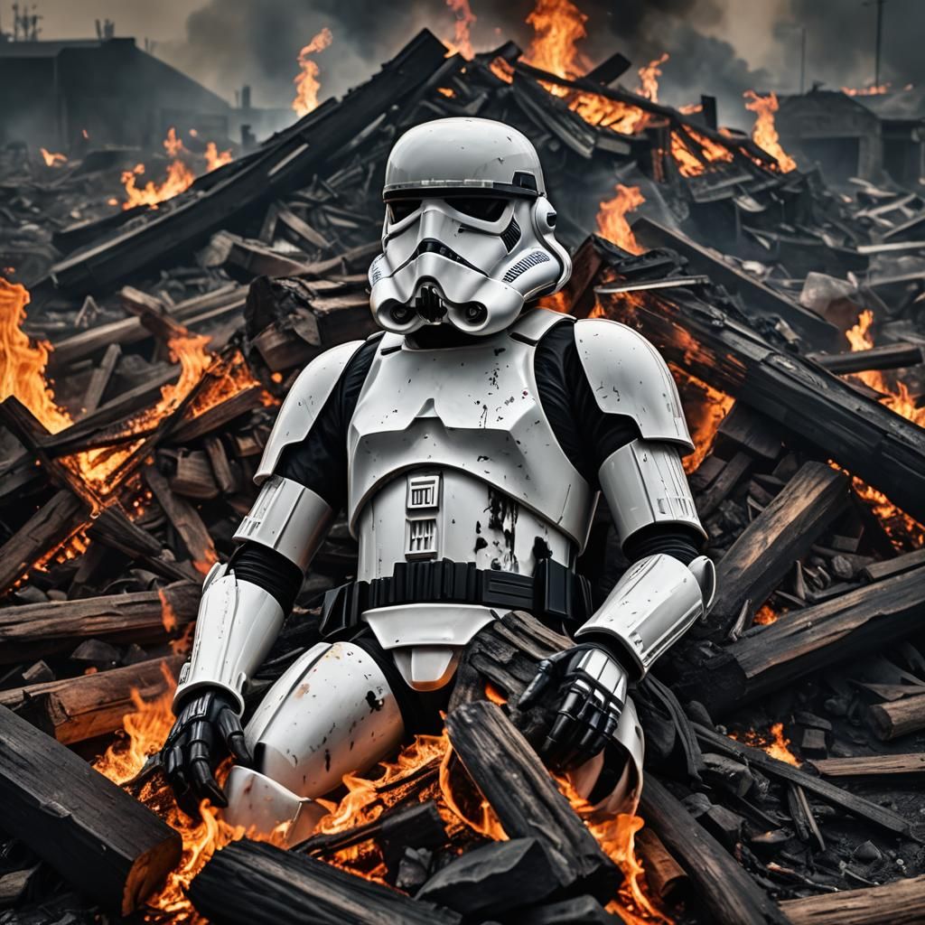 Stormtrooper on Funeral Pyre in Hyperrealistic Style