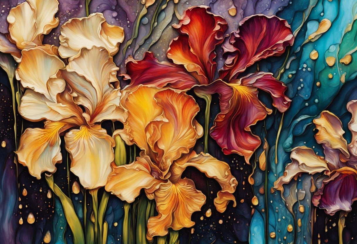 Irises in Morning Dew: Impressionist Marbled Glass