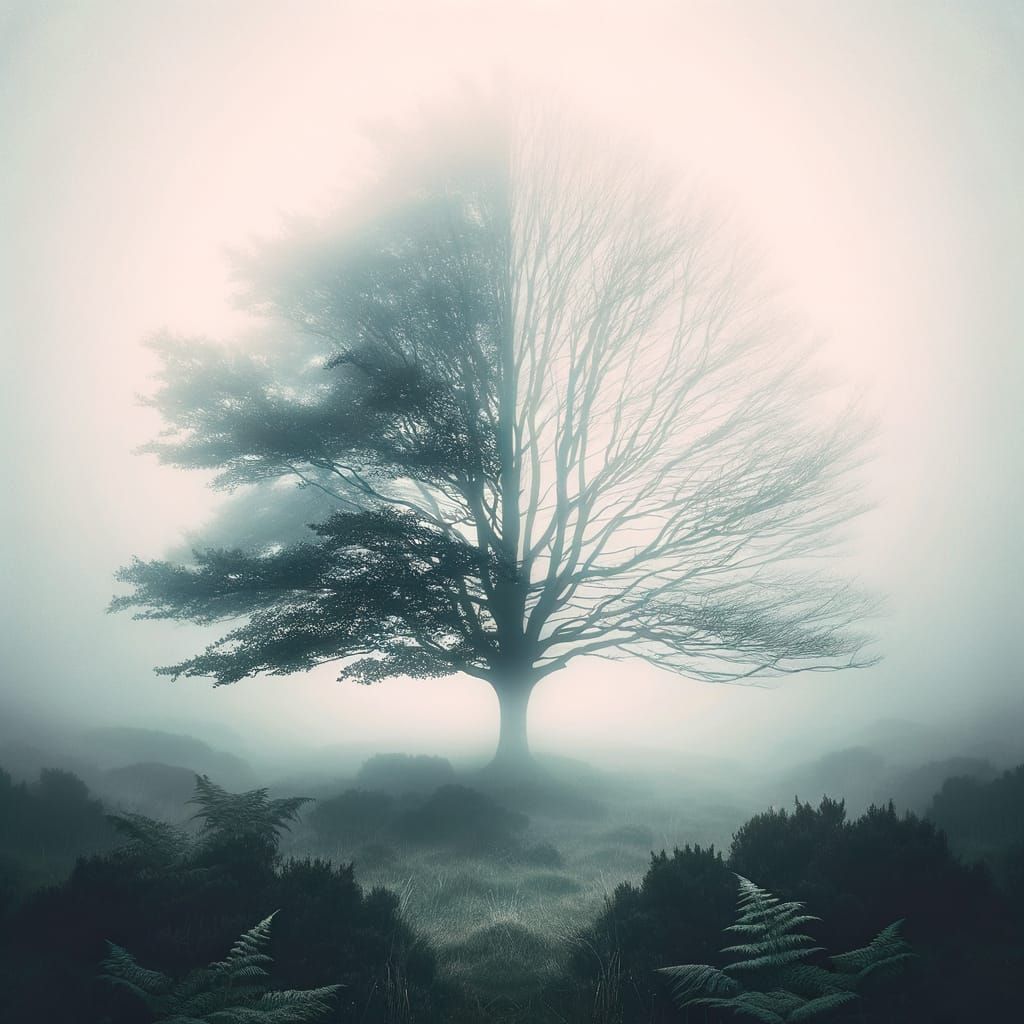 Life and Death Contrast: Beech Tree in Fog