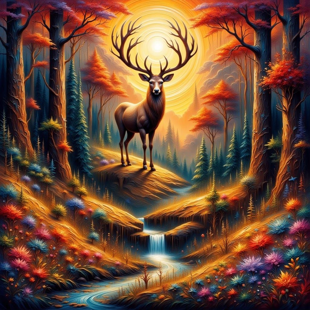 Majestic Deer in Redwood Forest: Klimt-Inspired Art