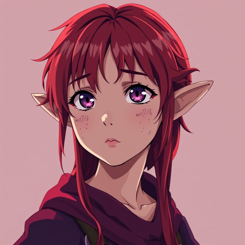 Manga-Inspired Young Elf with Vibrant Red Hair and Muted Bac...