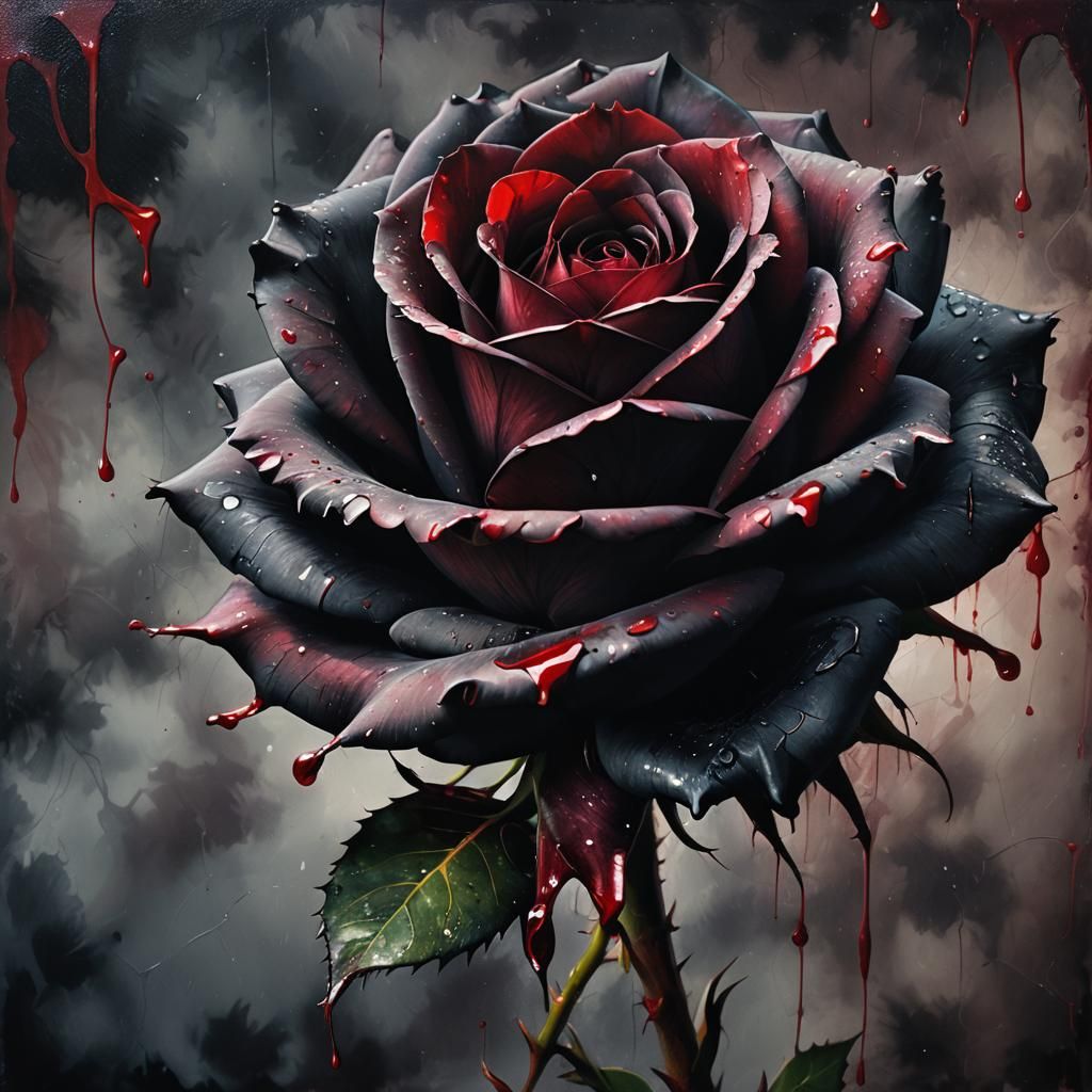Blood Splattered Black Rose in Dark Realism